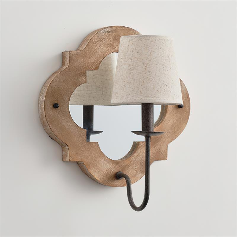 Rheam Wooden Wall Lamp - Rustic Mirrored Frame & Linen Shade