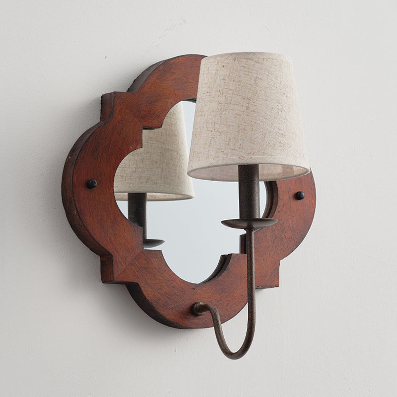 Rheam Wooden Wall Lamp - Rustic Mirrored Frame & Linen Shade