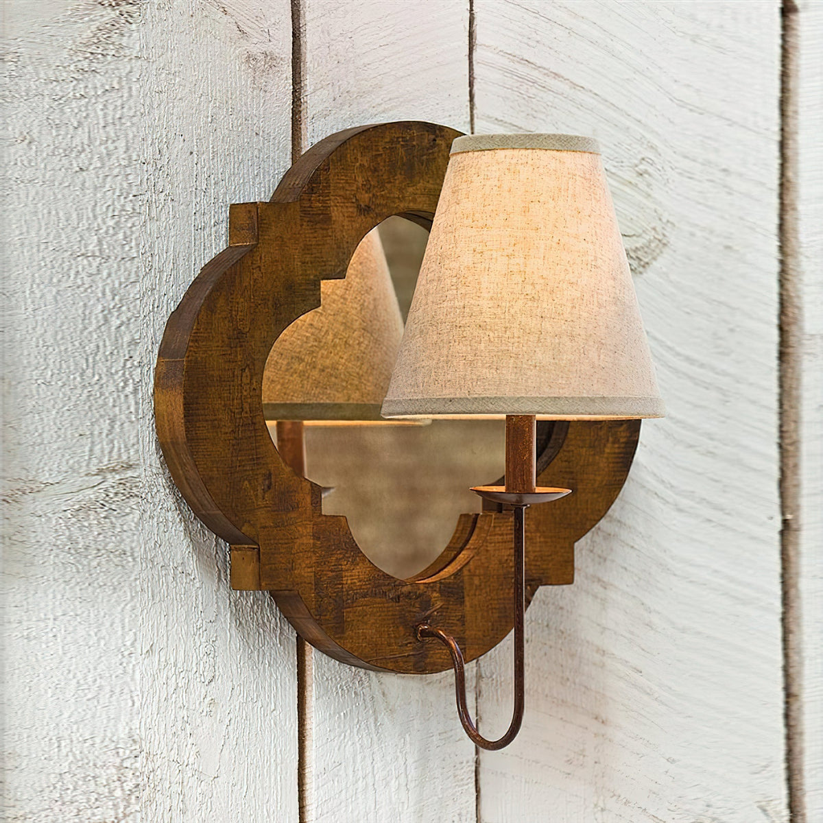 Rheam Wooden Wall Lamp - Rustic Mirrored Frame & Linen Shade