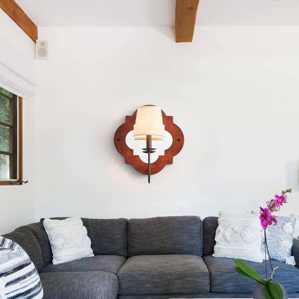 Rheam Wooden Wall Lamp - Rustic Mirrored Frame & Linen Shade