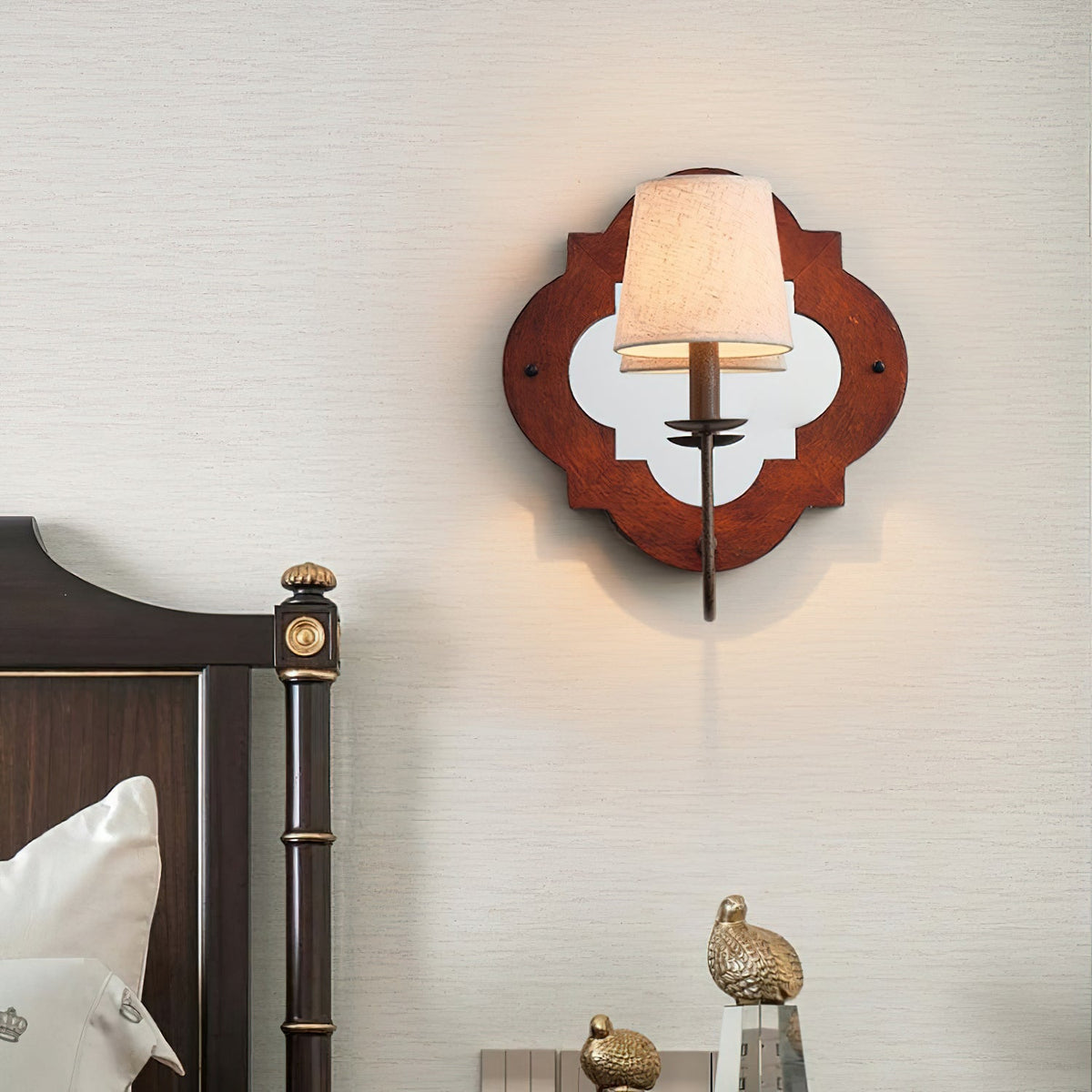 Rheam Wooden Wall Lamp - Rustic Mirrored Frame & Linen Shade