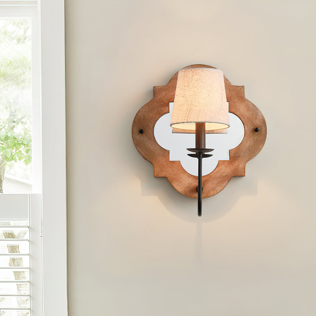 Rheam Wooden Wall Lamp - Rustic Mirrored Frame & Linen Shade
