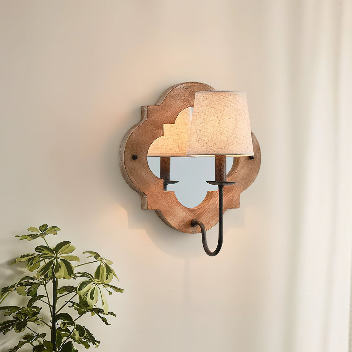 Rheam Wooden Wall Lamp - Rustic Mirrored Frame & Linen Shade
