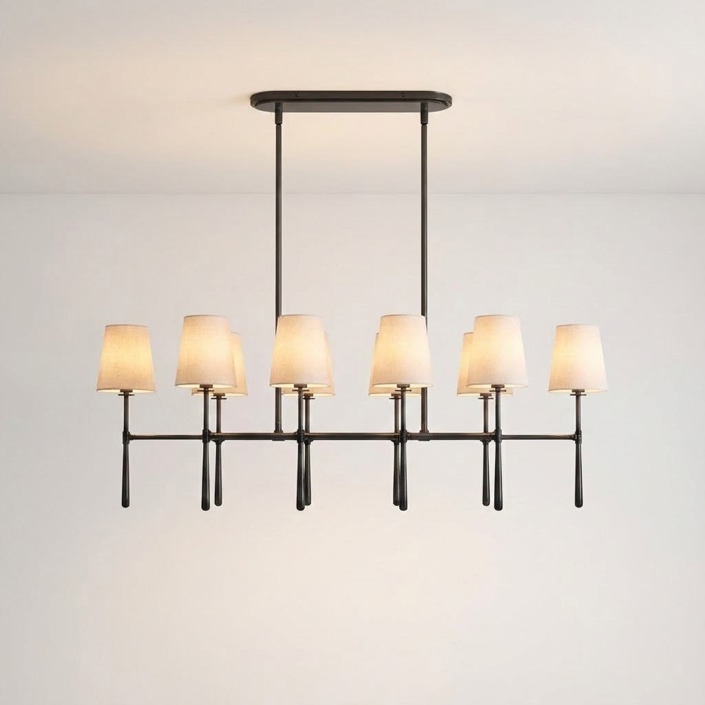 Rhodes Double Linear Chandelier - Dual-Row Brass Frame & Fabric Shades