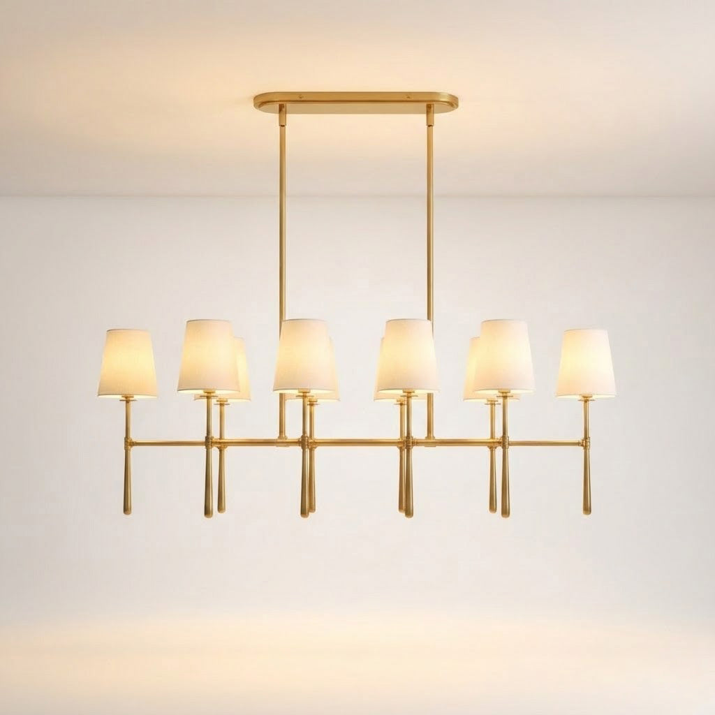 Rhodes Double Linear Chandelier - Dual-Row Brass Frame & Fabric Shades
