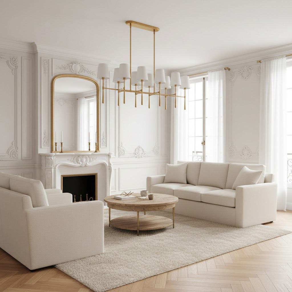 Rhodes Double Linear Chandelier - Dual-Row Brass Frame & Fabric Shades