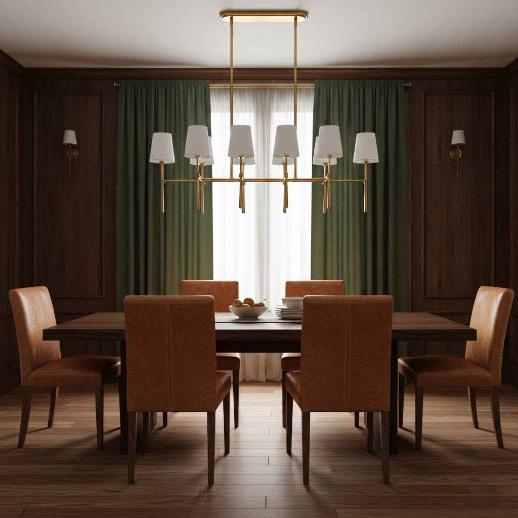 Rhodes Double Linear Chandelier - Dual-Row Brass Frame & Fabric Shades