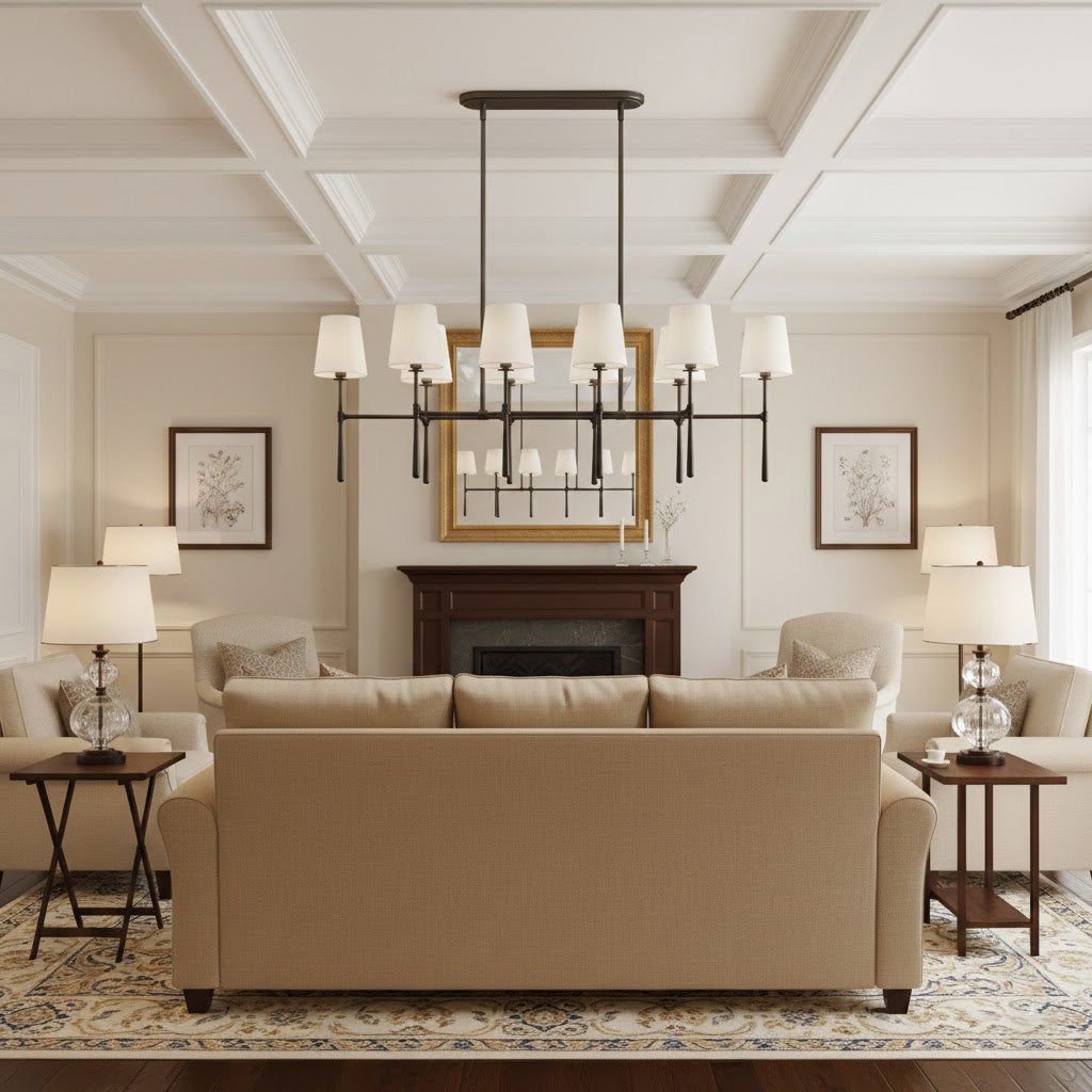 Rhodes Double Linear Chandelier - Dual-Row Brass Frame & Fabric Shades