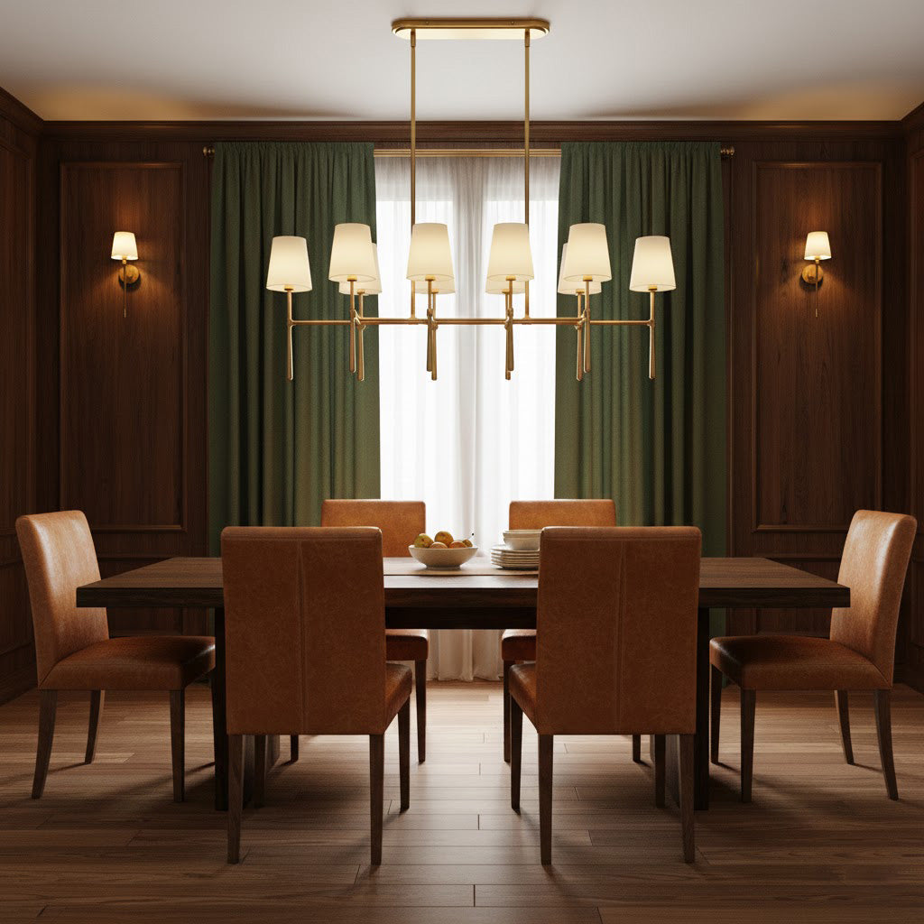 Rhodes Double Linear Chandelier - Dual-Row Brass Frame & Fabric Shades