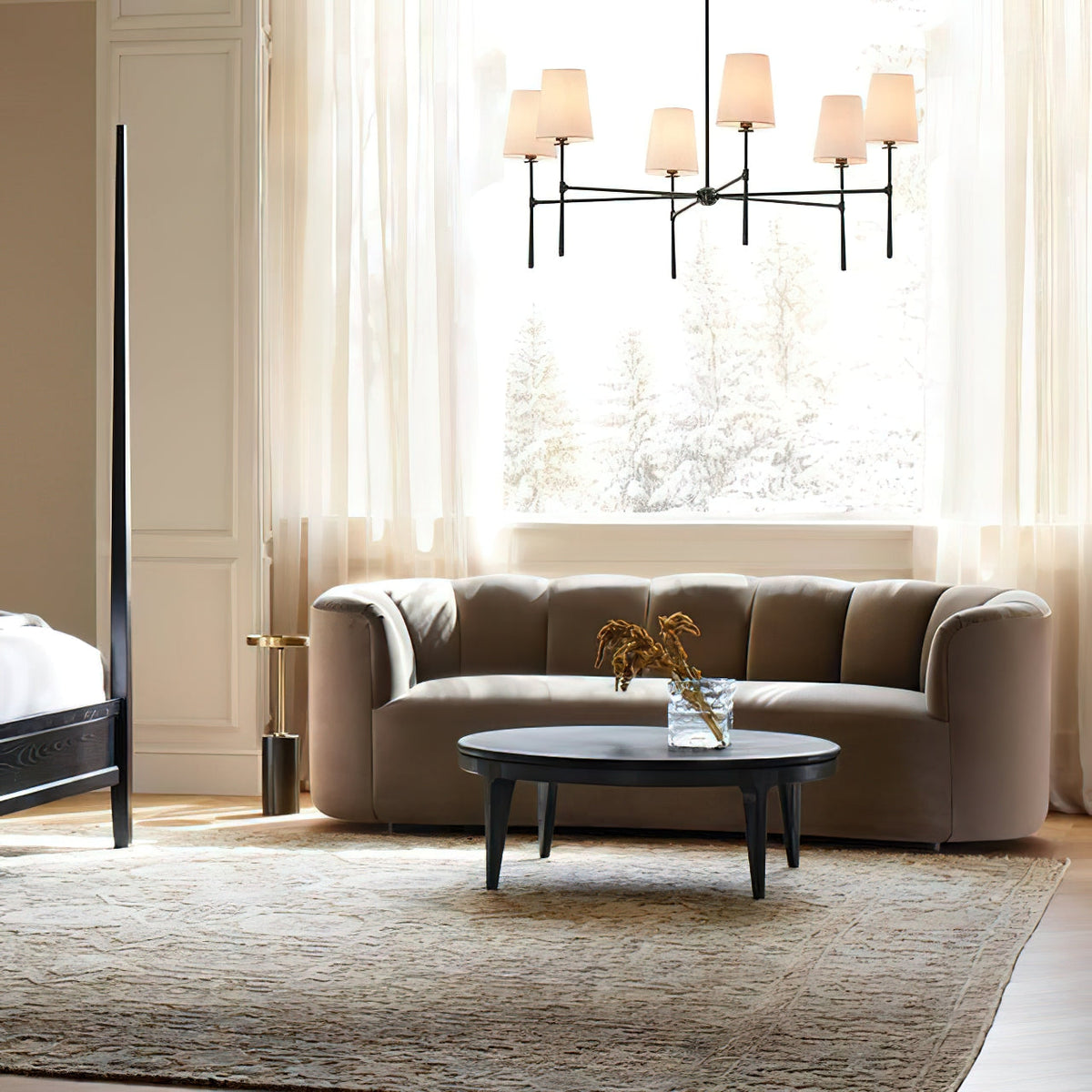 Rhodes Round Chandelier - Brass Frame & Linen Torch Shades