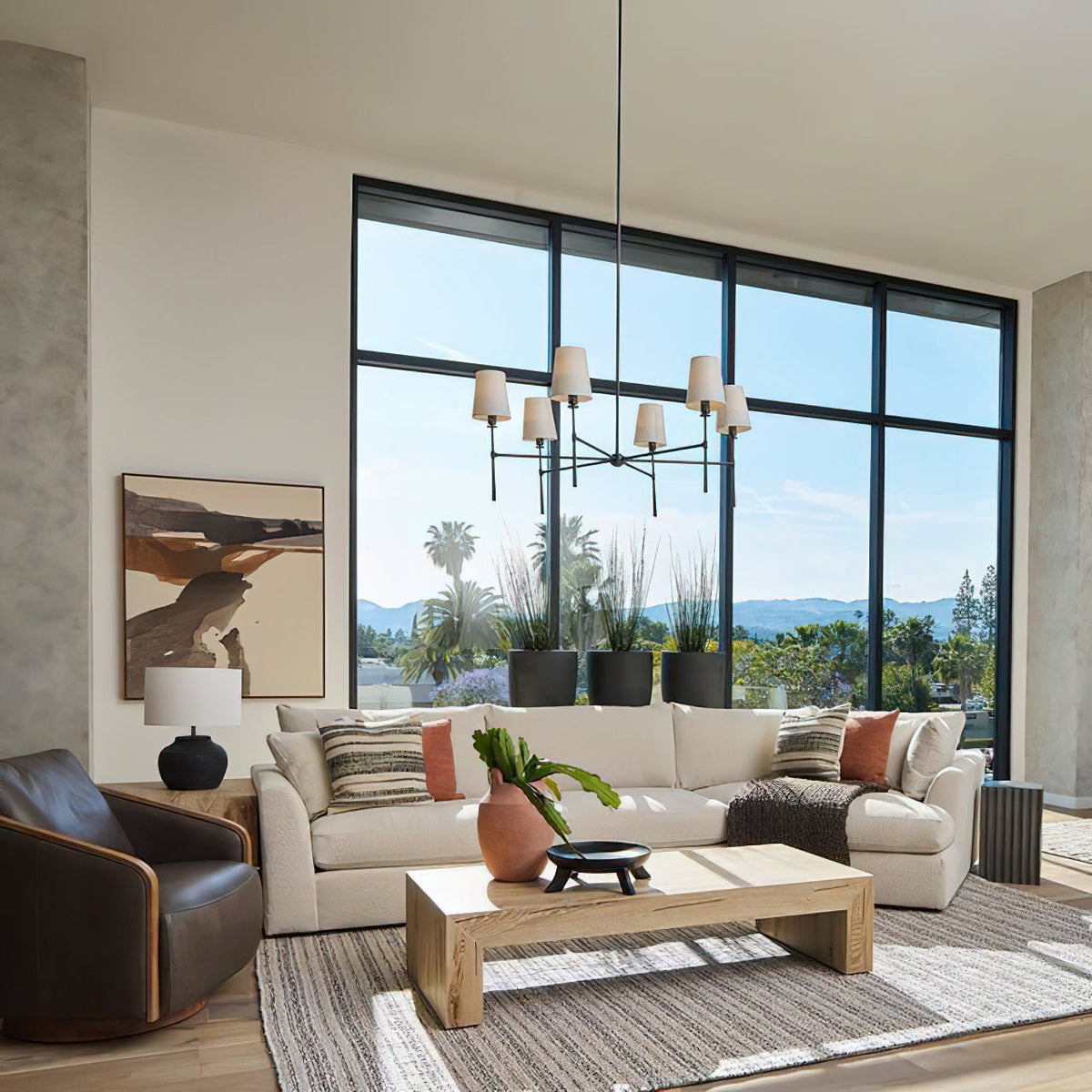Rhodes Round Chandelier - Brass Frame & Linen Torch Shades