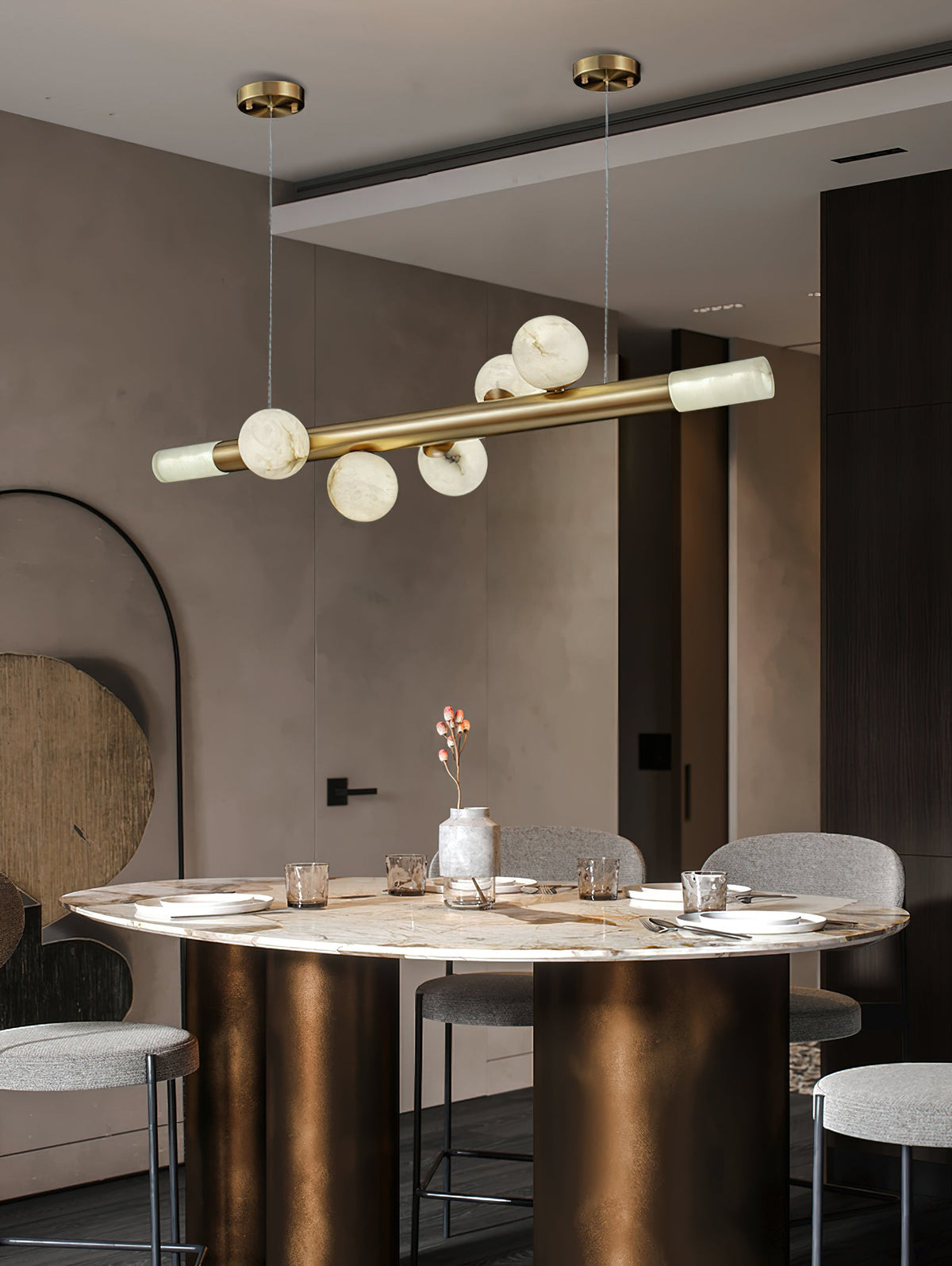RoMi Carrara Alabaster Pendant Light - Brass Linear Globe Chandelier