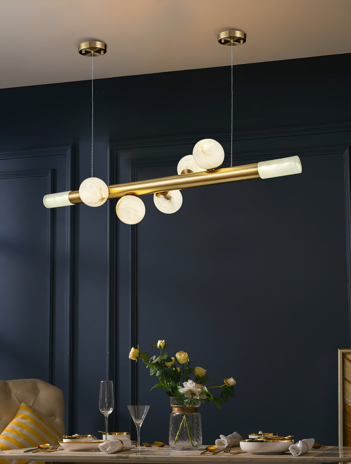 RoMi Carrara Alabaster Pendant Light - Brass Linear Globe Chandelier
