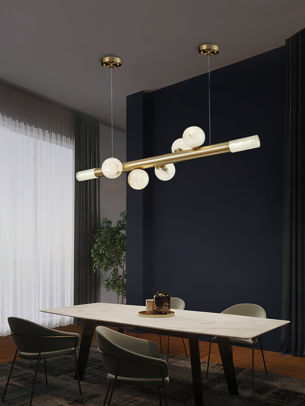 RoMi Carrara Alabaster Pendant Light - Brass Linear Globe Chandelier