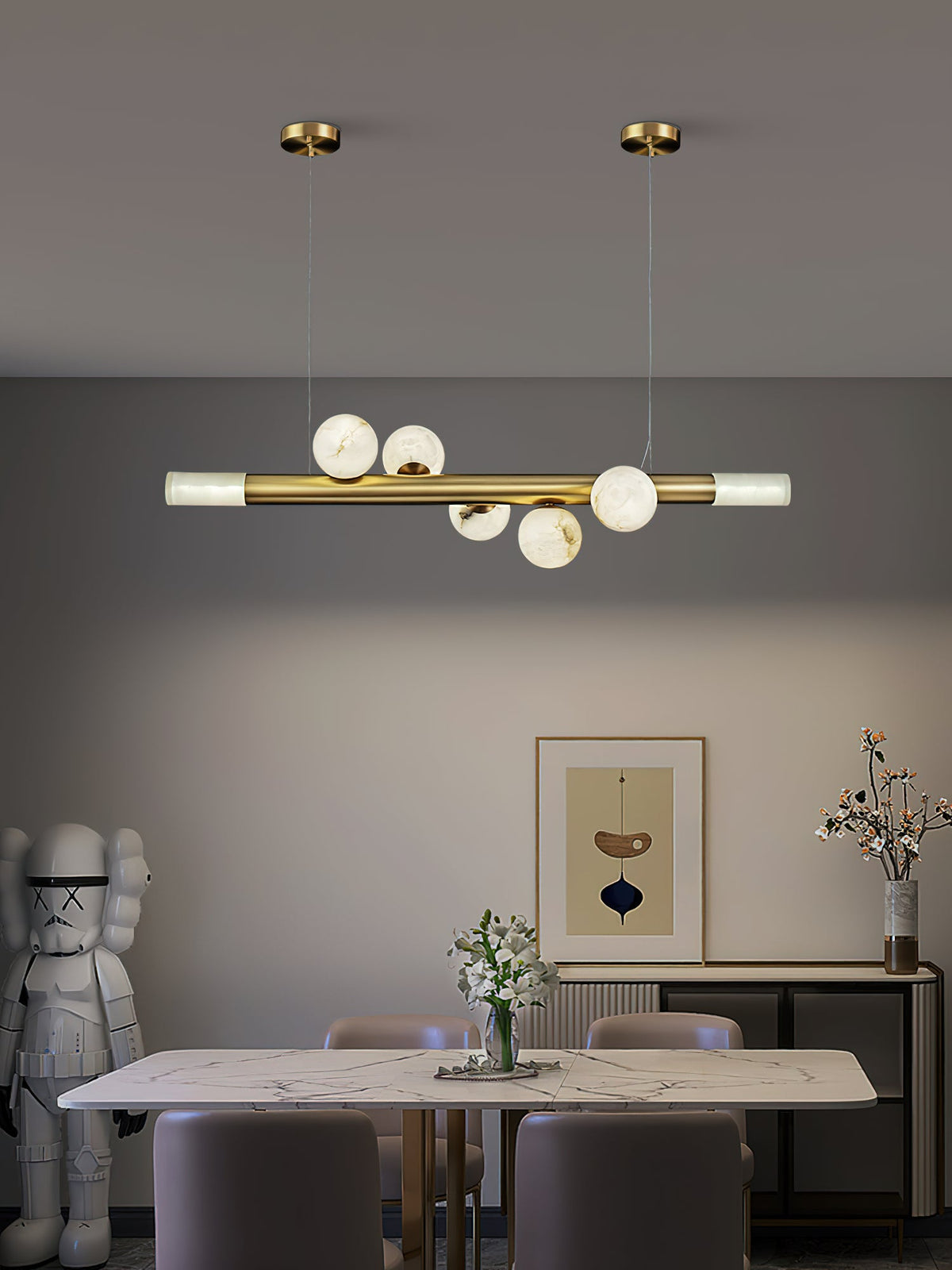 RoMi Carrara Alabaster Pendant Light - Brass Linear Globe Chandelier