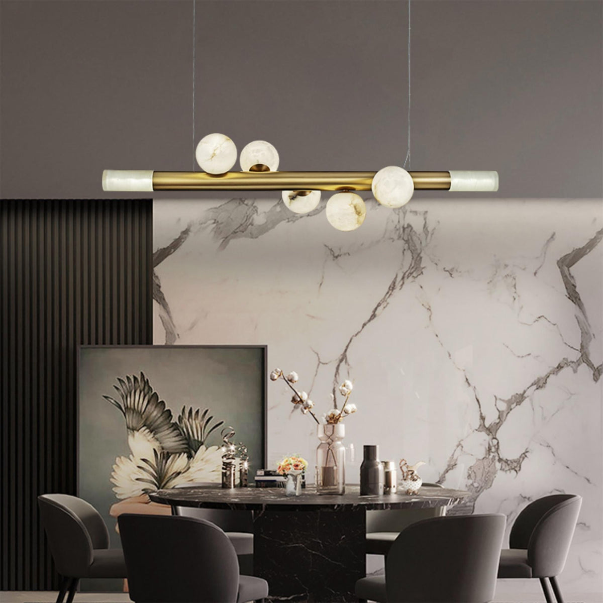 RoMi Carrara Alabaster Pendant Light - Brass Linear Globe Chandelier