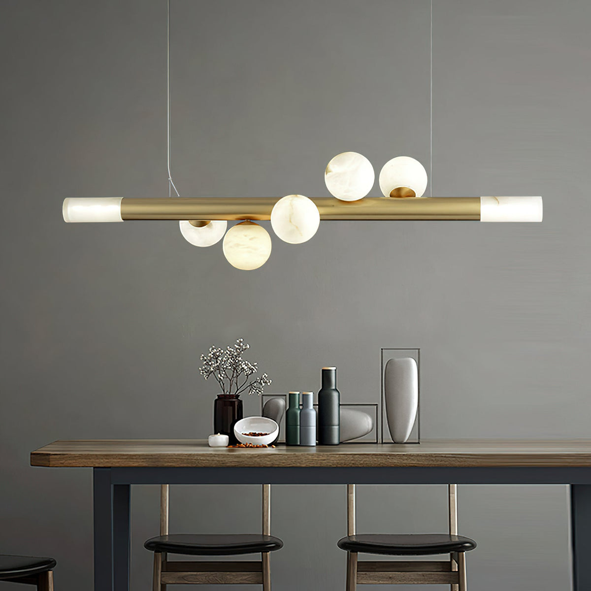RoMi Carrara Alabaster Pendant Light - Brass Linear Globe Chandelier