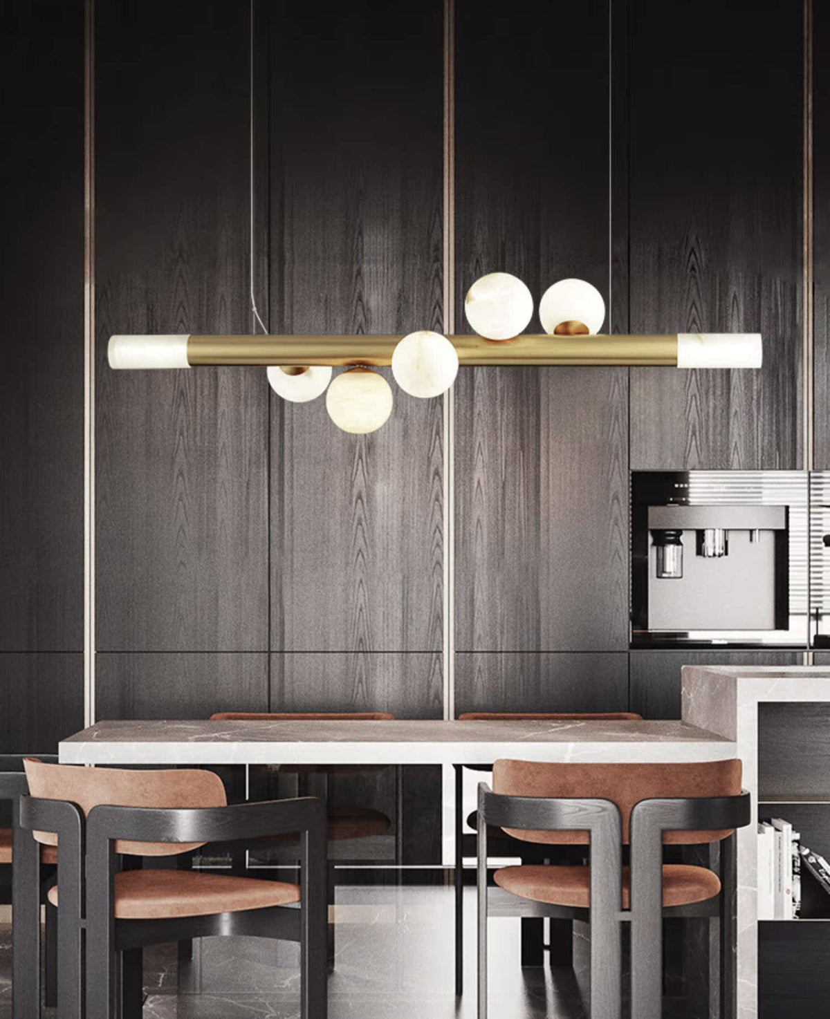 RoMi Carrara Alabaster Pendant Light - Brass Linear Globe Chandelier