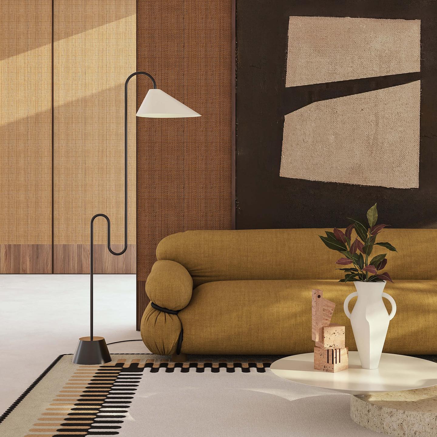 Roattino Floor Lamp - S-Shaped Steel Frame & Fabric Shade Light