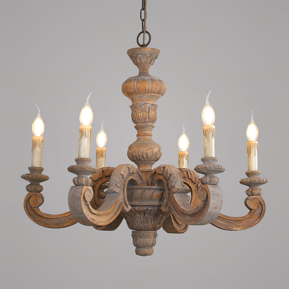 Roman Pillar Chandelier - Carved Wood French Mediterranean Light
