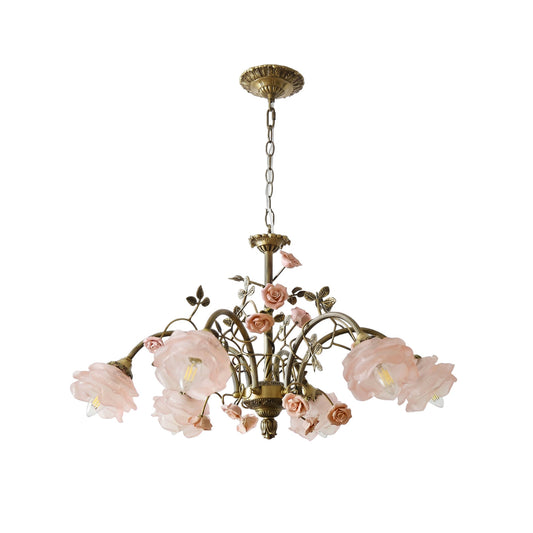 Rosalie Floral Chandelier - Antique Brass & Glass Rose Pendant
