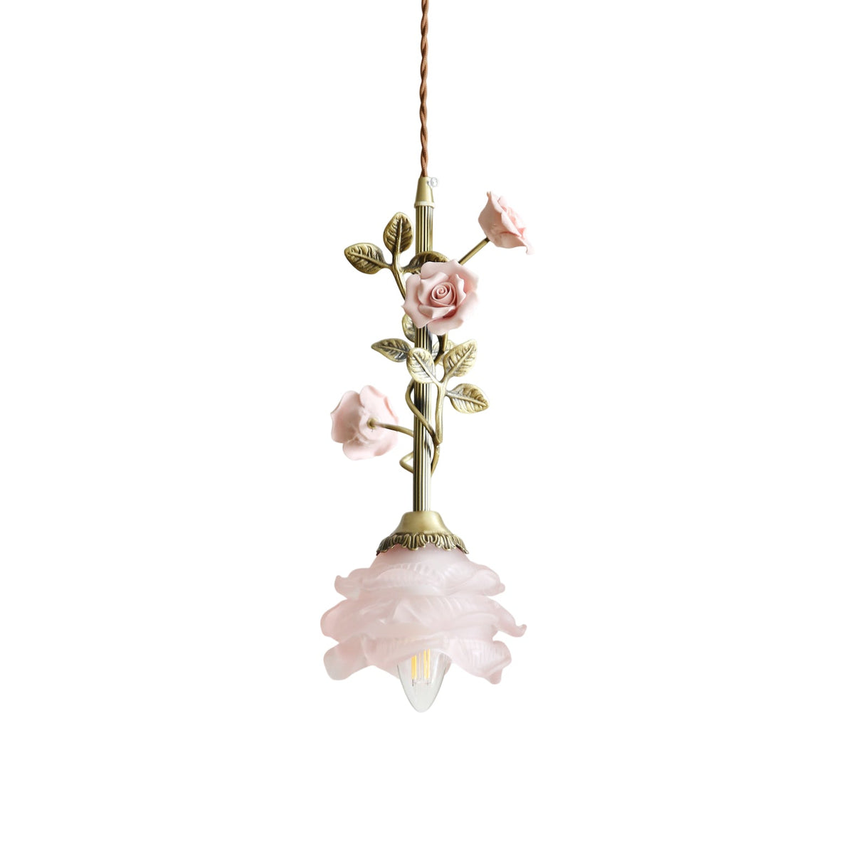 Rosalie Floral Pendant Lamp - Brass & Sculpted Glass Rose Light