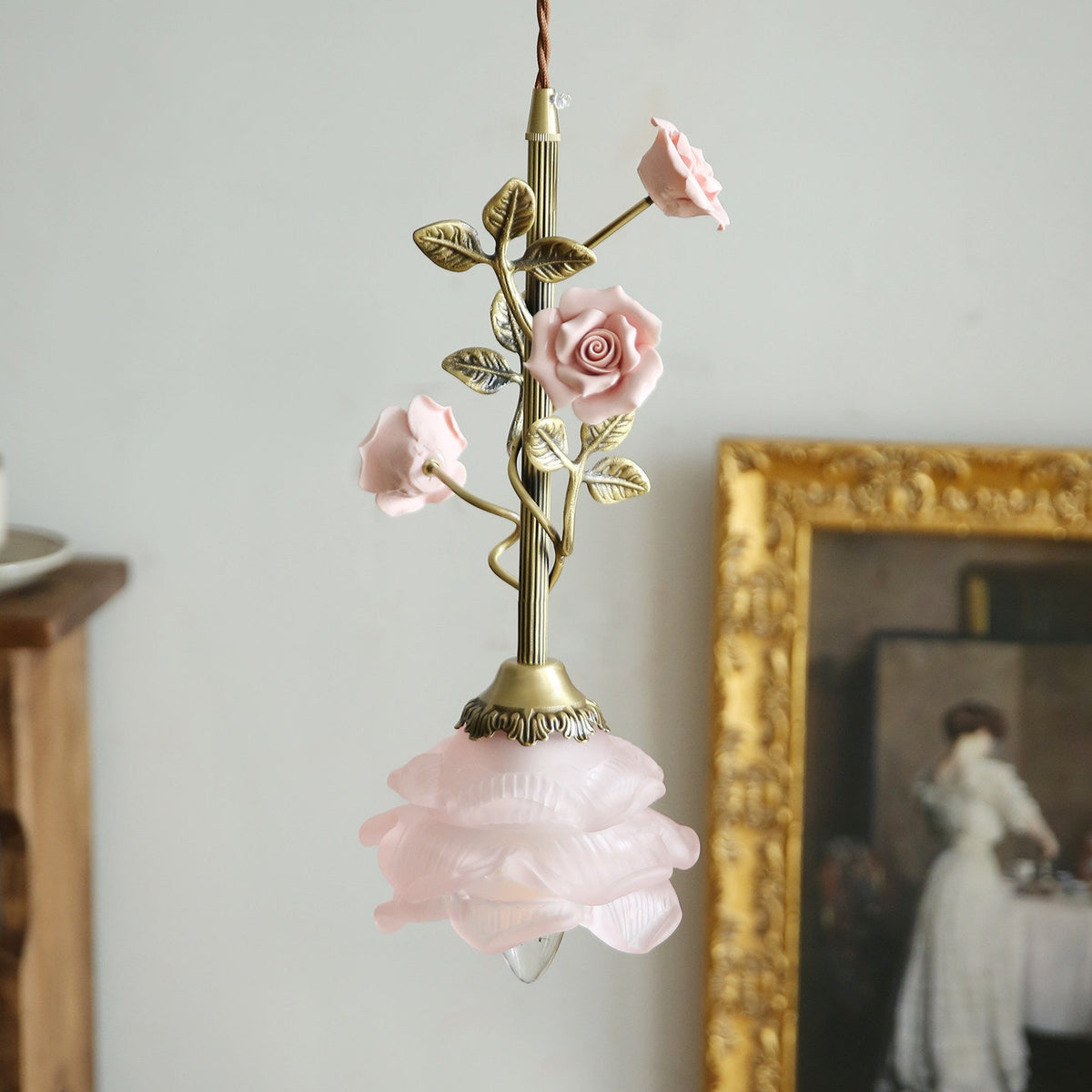 Rosalie Floral Pendant Lamp - Brass & Sculpted Glass Rose Light