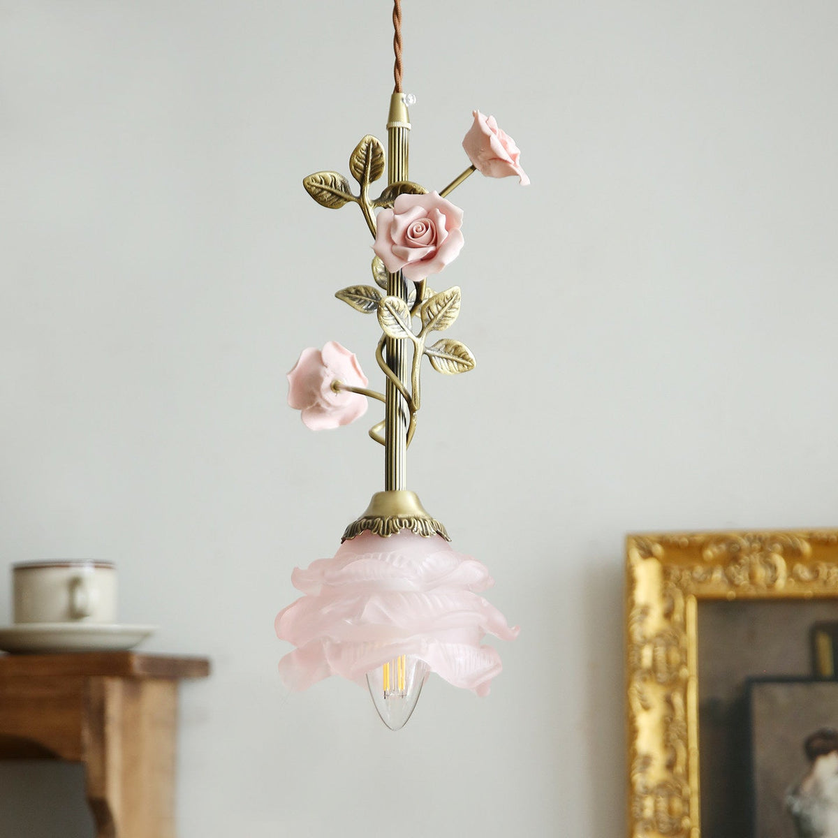 Rosalie Floral Pendant Lamp - Brass & Sculpted Glass Rose Light
