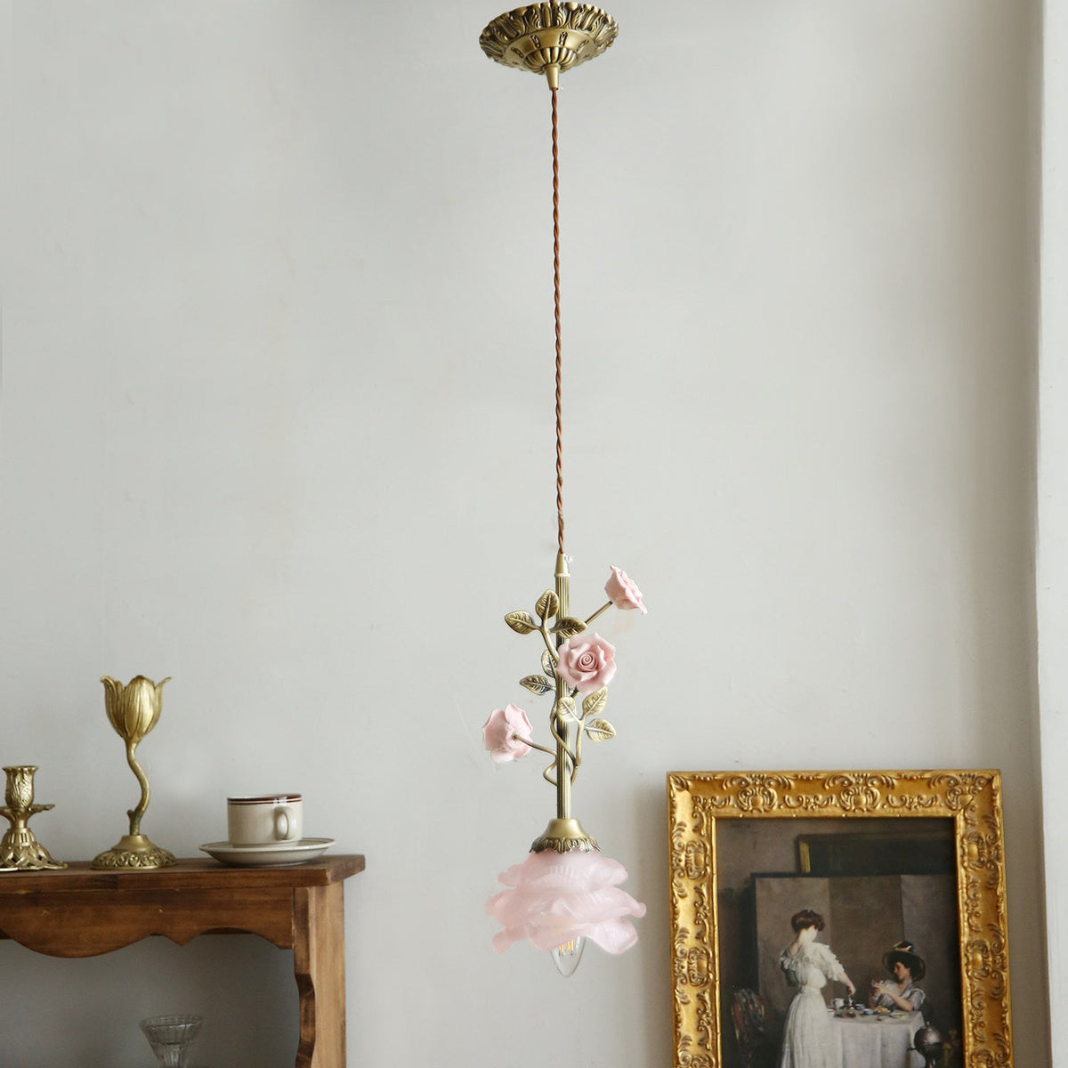 Rosalie Floral Pendant Lamp - Brass & Sculpted Glass Rose Light