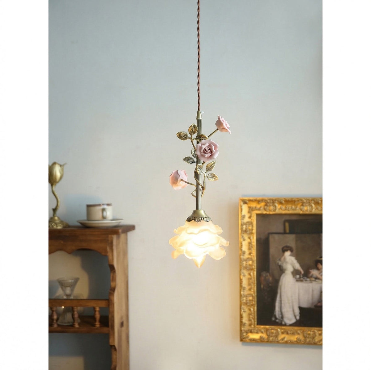 Rosalie Floral Pendant Lamp - Brass & Sculpted Glass Rose Light