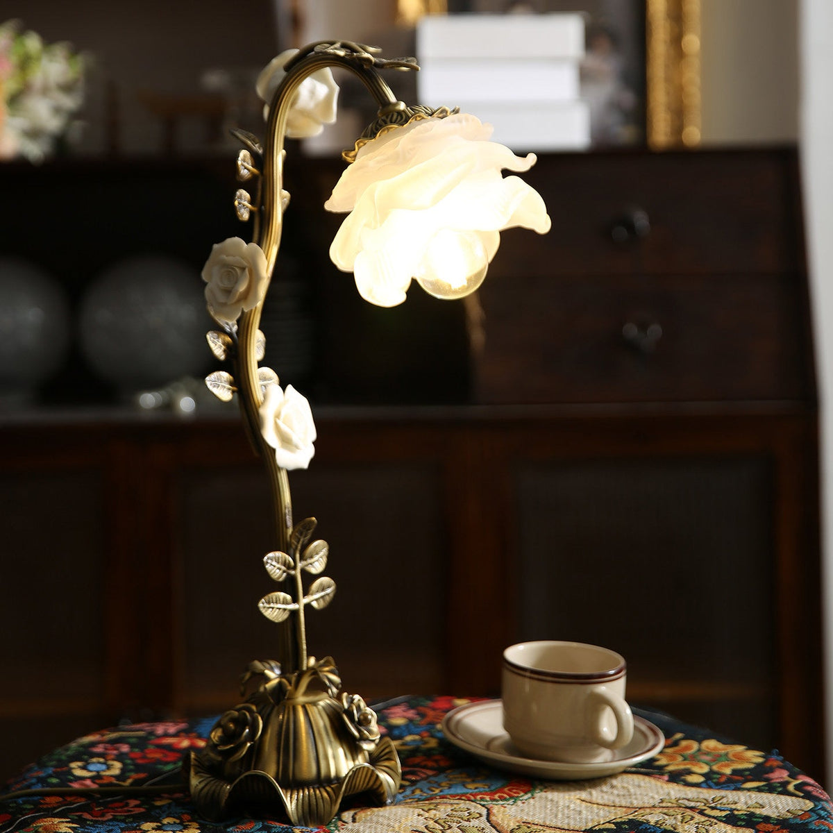 Rosalie Floral Table Lamp - Porcelain Roses & Brass Desk Light