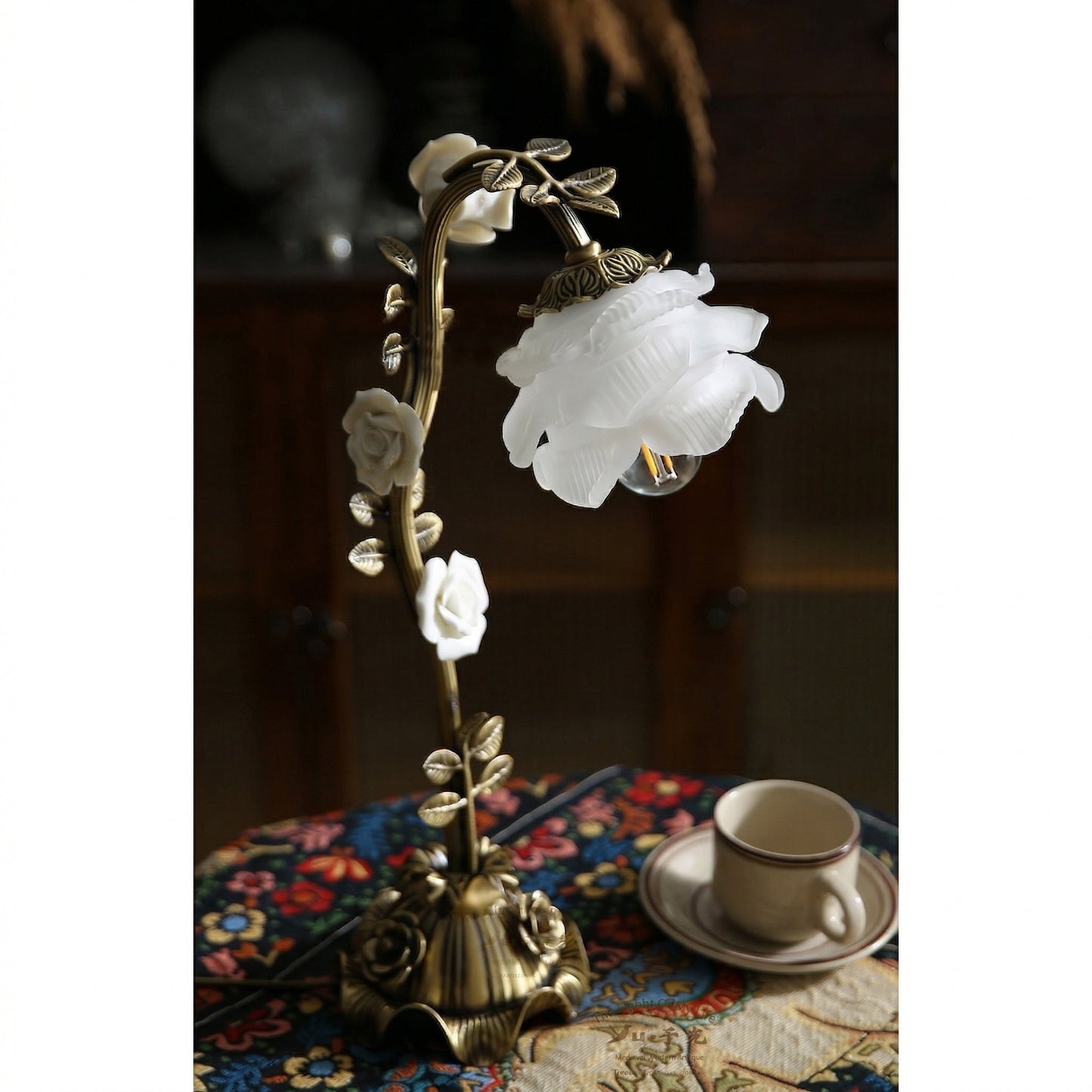 Rosalie Floral Table Lamp - Porcelain Roses & Brass Desk Light
