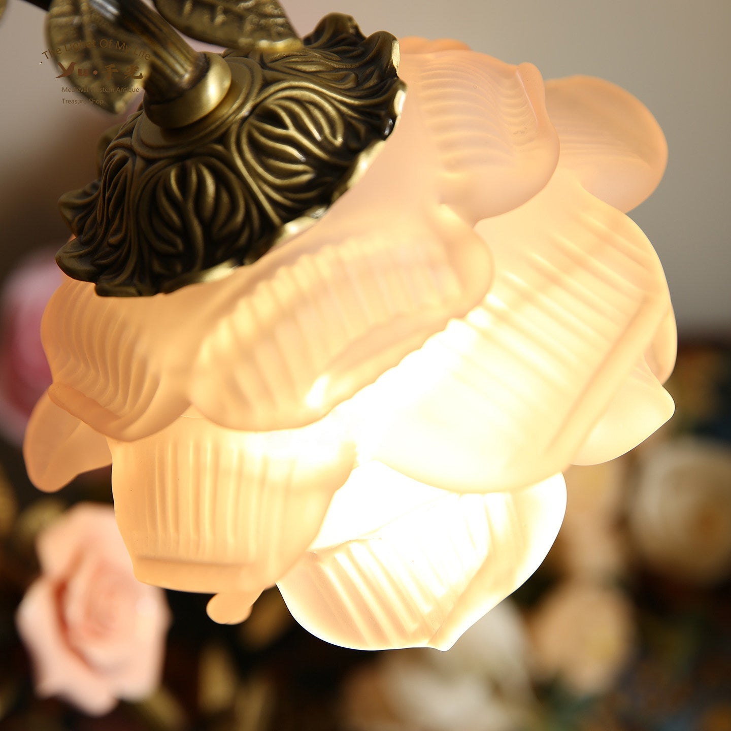 Rosalie Floral Table Lamp - Porcelain Roses & Brass Desk Light