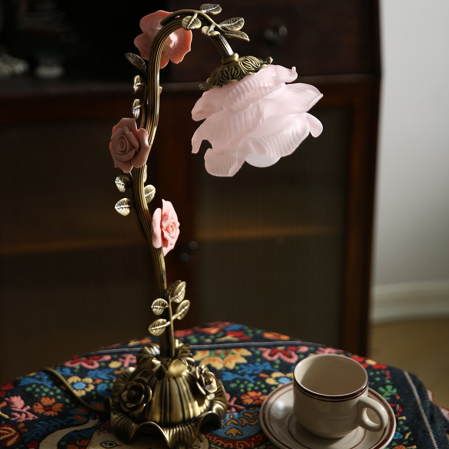 Rosalie Floral Table Lamp - Porcelain Roses & Brass Desk Light