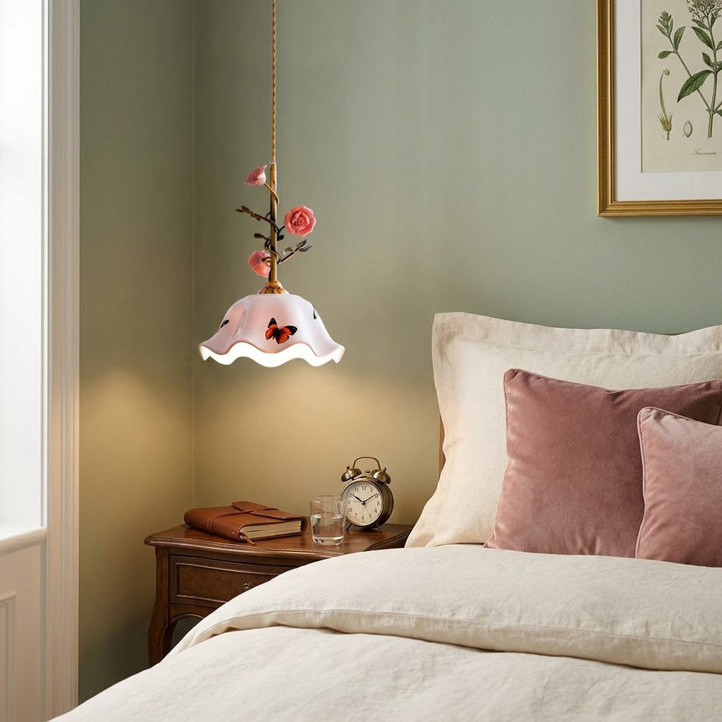 Rosalind Bloom Pendant Lamp - Ceramic Floral & Brass Light