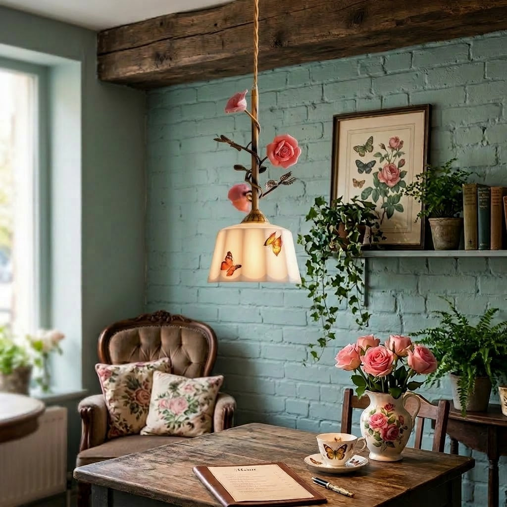 Rosalind Bloom Pendant Lamp - Ceramic Floral & Brass Light