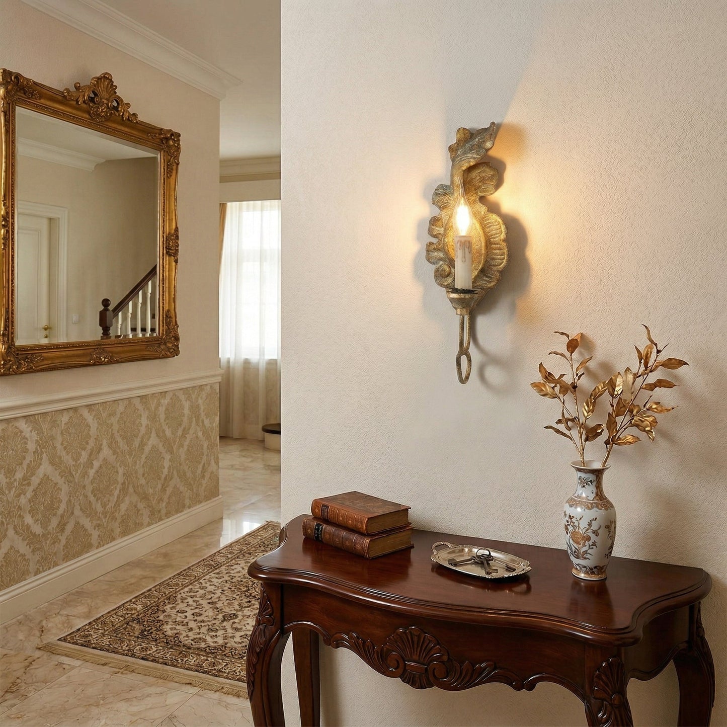 Verdure Vintage Sconce - Carved Resin & Metal Candle Arm Wall Light | French Country Candelabra Accent