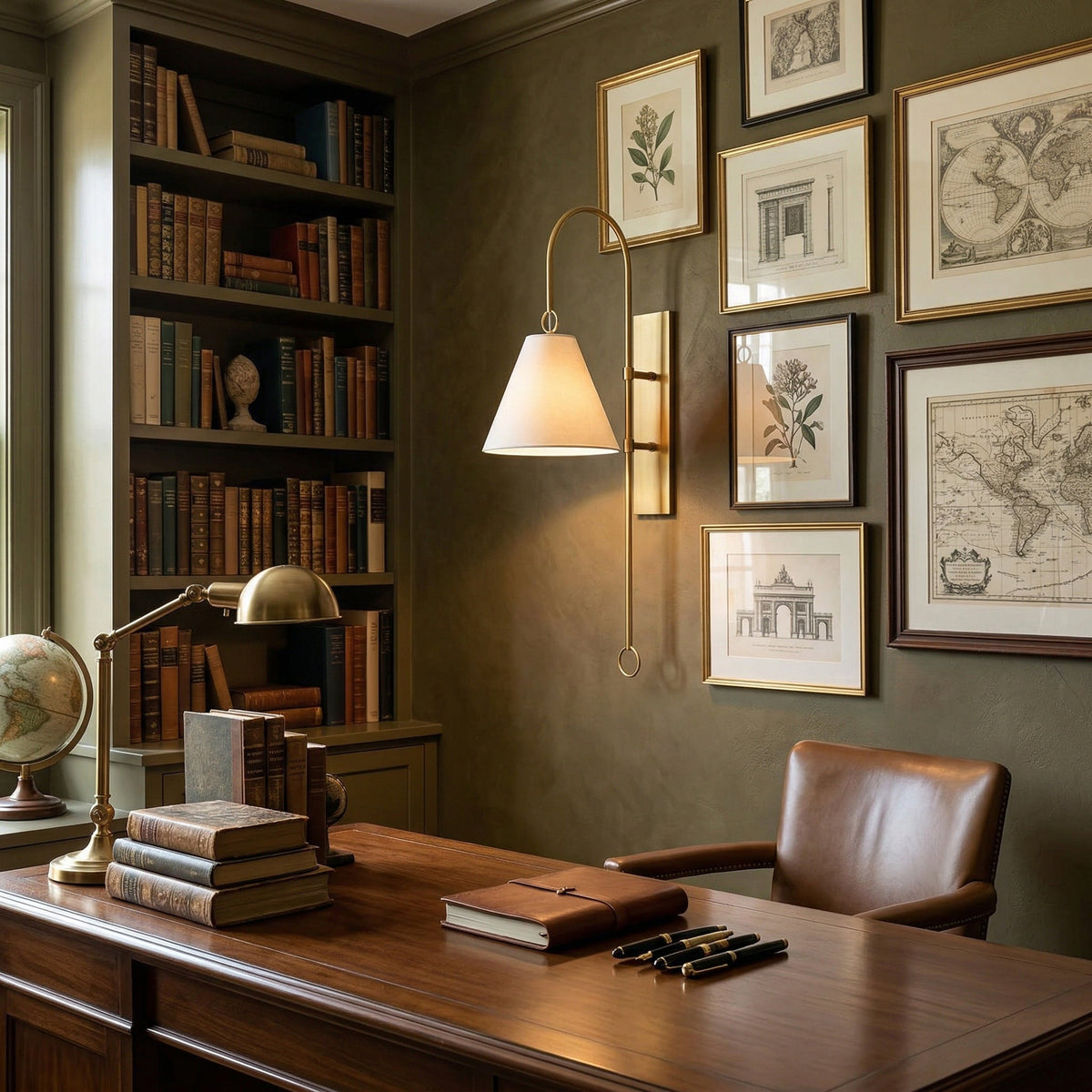 Anniston Wall Lamp – Pivoting Arm Brass & White Linen Shade Swing Wall Sconce