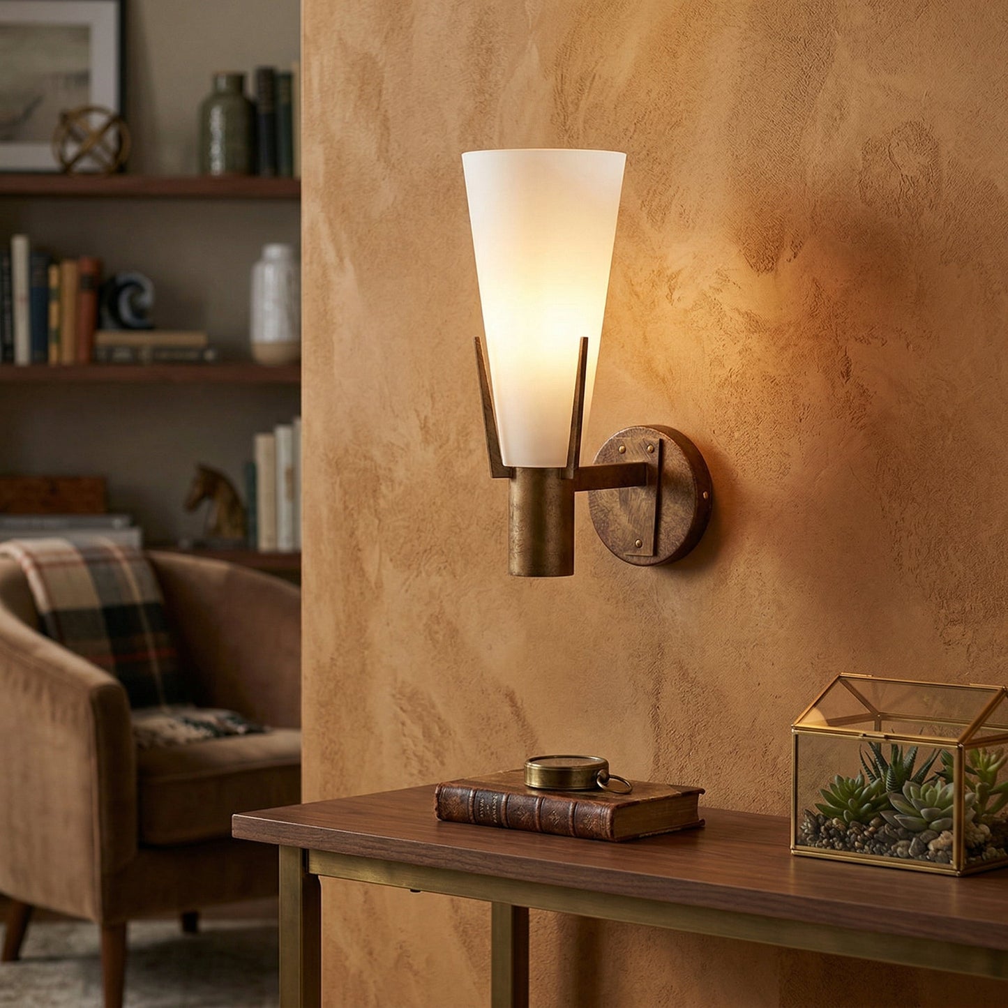 Stilnovo Wall Lamp - Antique Brass Trident Sconce | Opaque Glass Globe Wall Light