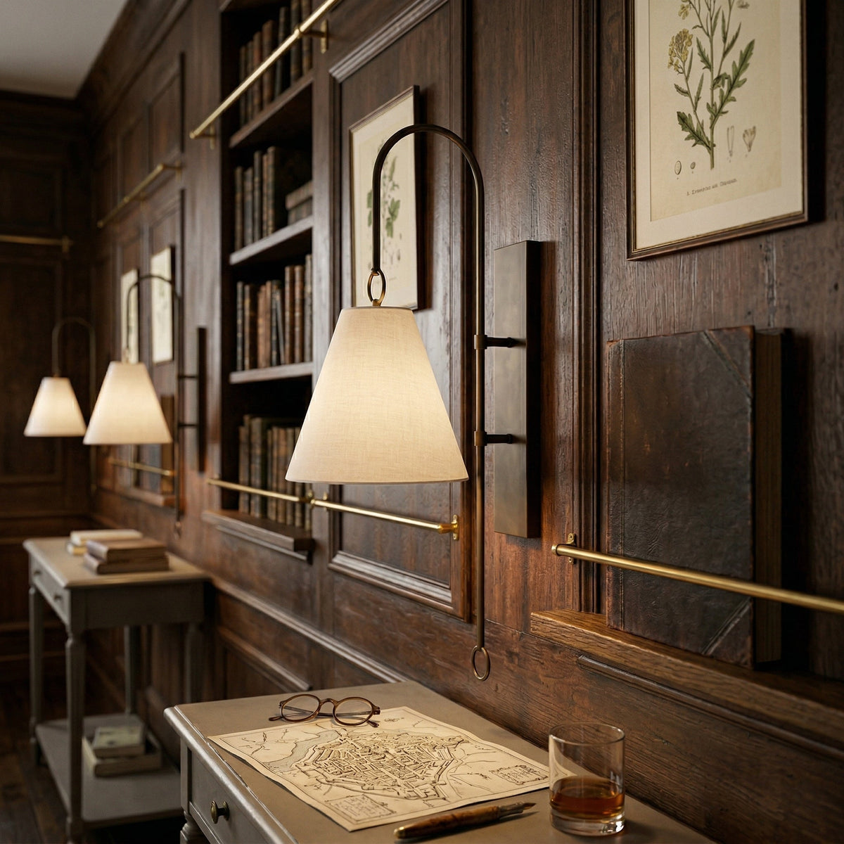 Anniston Wall Lamp – Pivoting Arm Brass & White Linen Shade Swing Wall Sconce