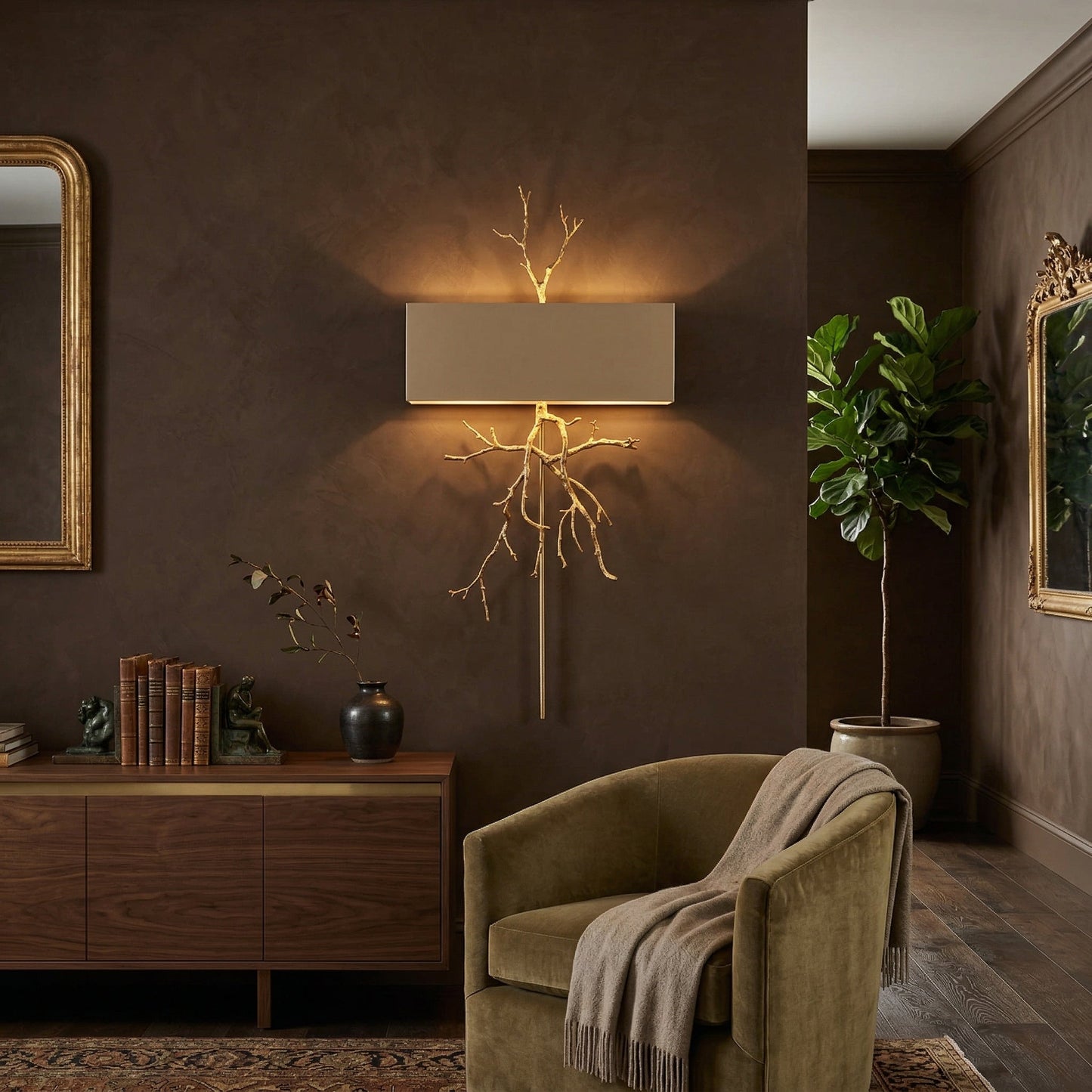 Twig Wall Lamp - Real Twig Cast Brass Body & Aluminum Shade | Organic Sculptural Wall Sconce
