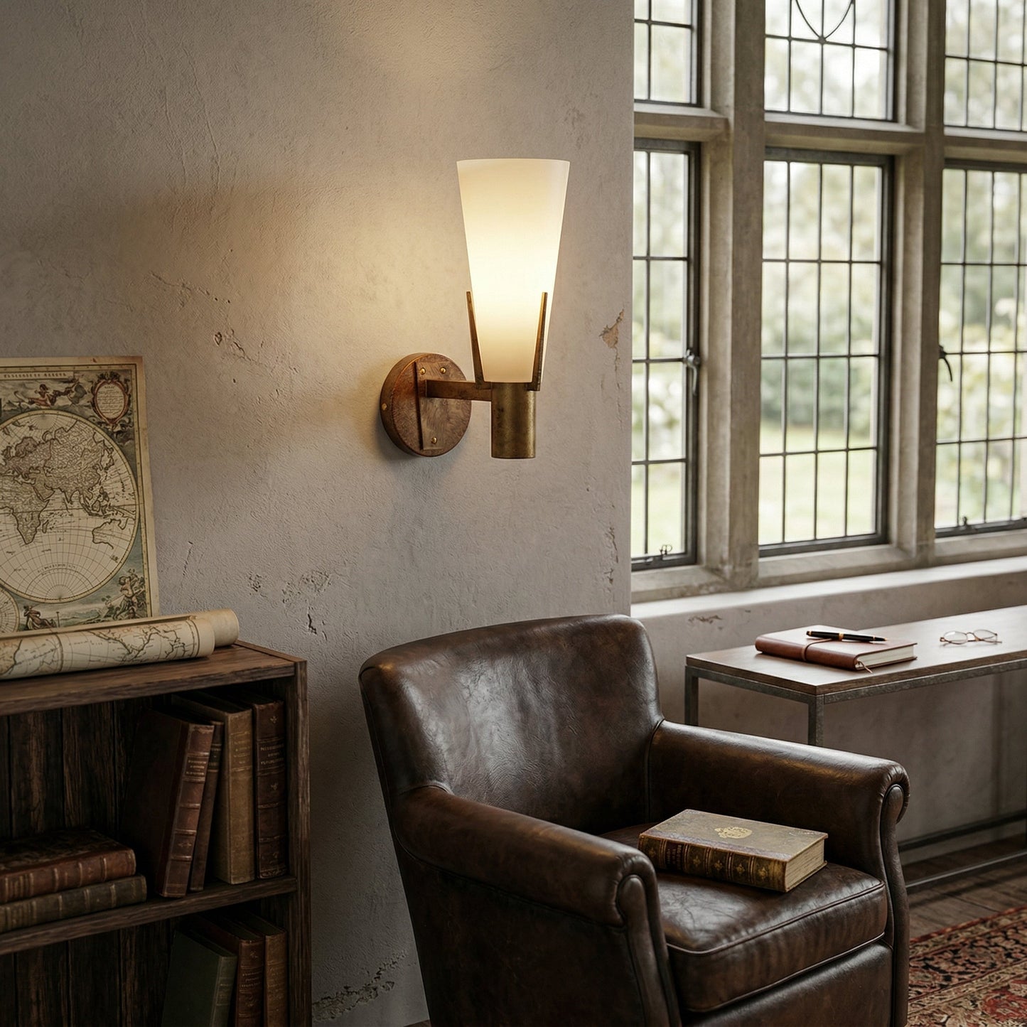 Stilnovo Wall Lamp - Antique Brass Trident Sconce | Opaque Glass Globe Wall Light