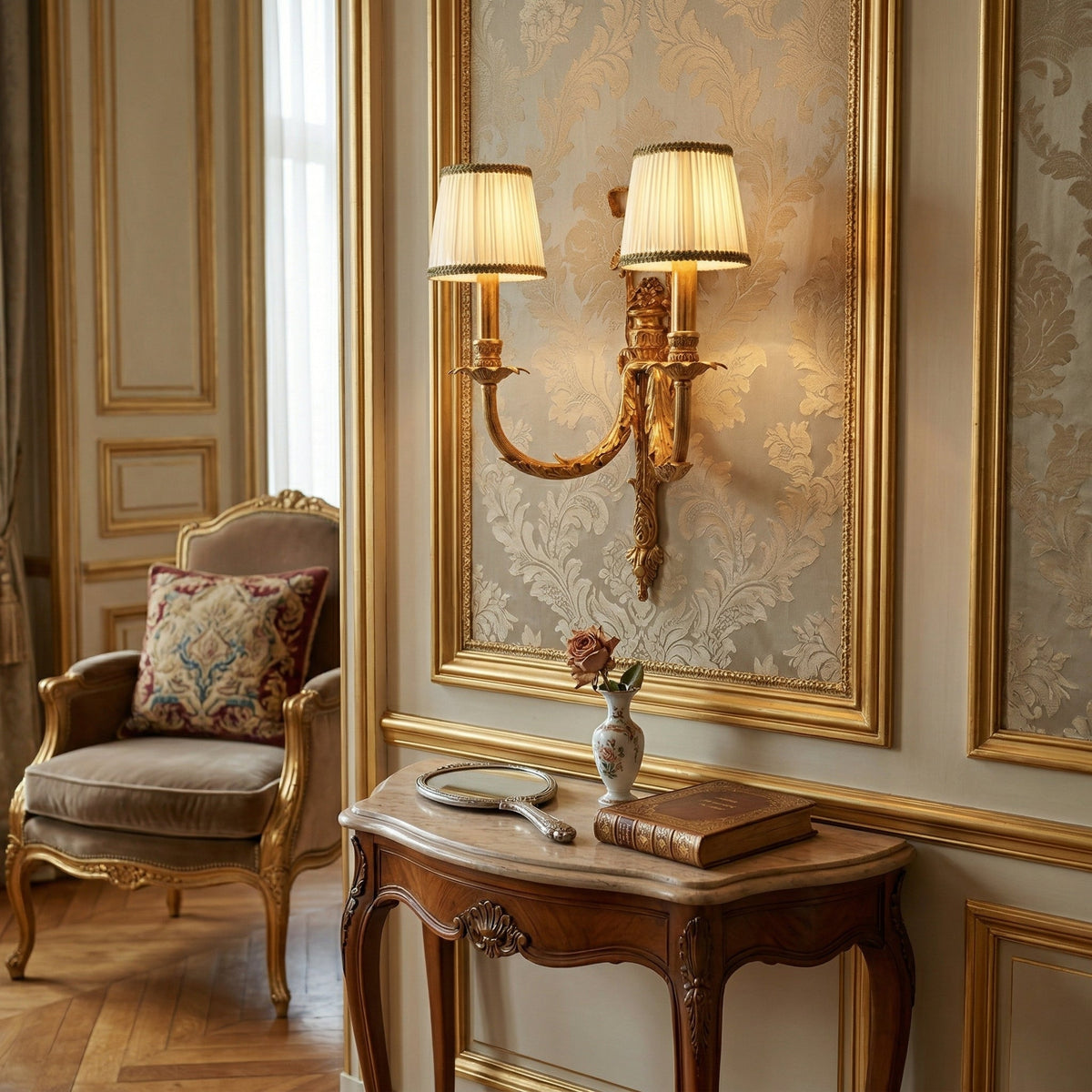 Claudine Wall Lamp – Classic Brass & White Shade Sconce