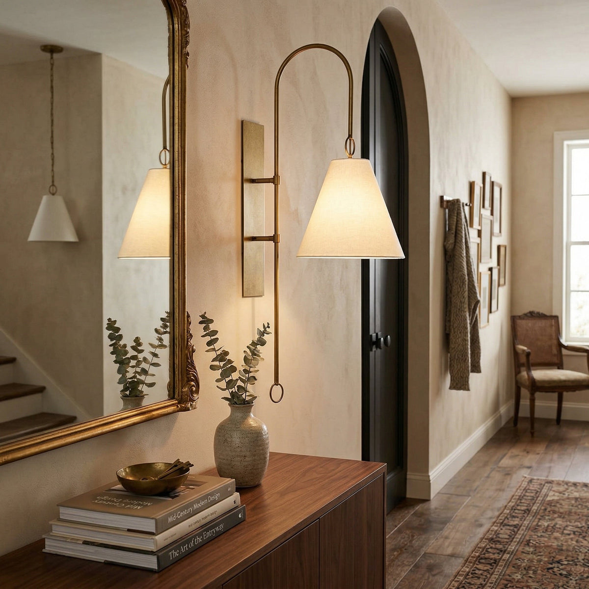 Anniston Wall Lamp – Pivoting Arm Brass & White Linen Shade Swing Wall Sconce