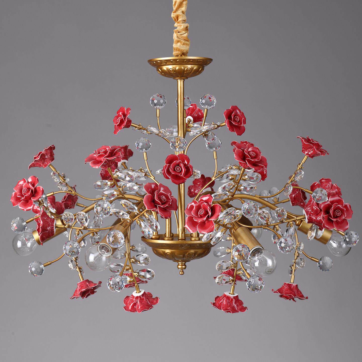 Roseto Chandelier - Hand-Crafted Porcelain Rose & Crystal Pendant | Romantic Floral Luxury Lighting