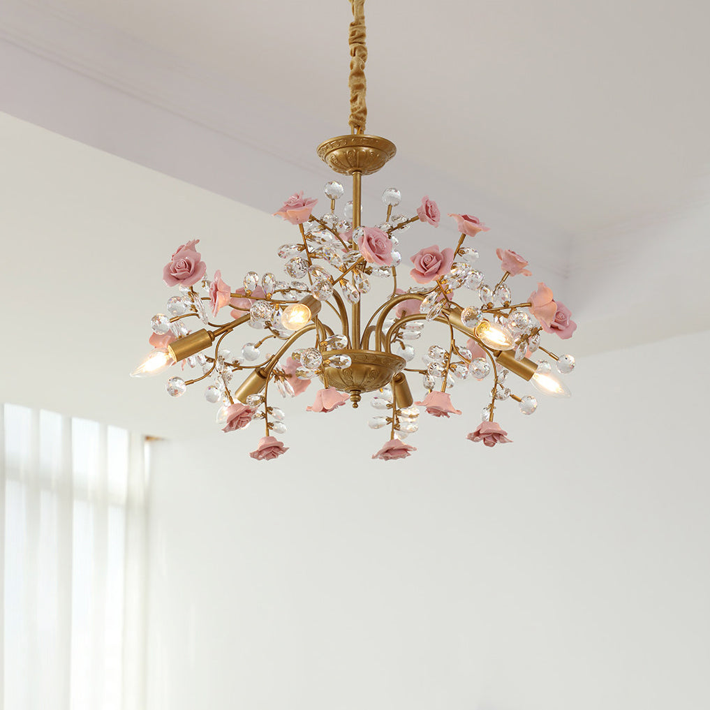 Roseto Chandelier - Hand-Crafted Porcelain Rose & Crystal Pendant | Romantic Floral Luxury Lighting