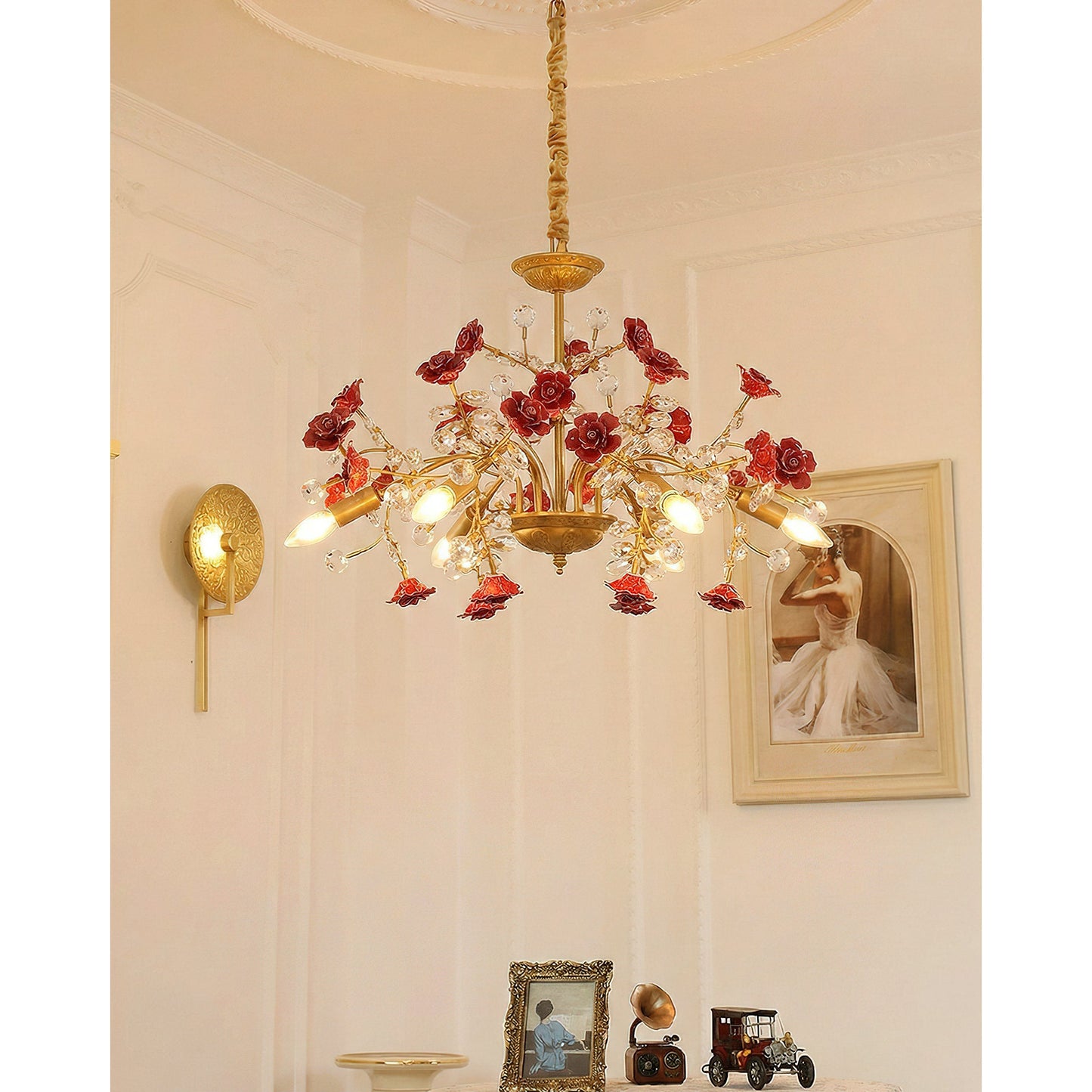 Roseto Chandelier - Hand-Crafted Porcelain Rose & Crystal Pendant | Romantic Floral Luxury Lighting