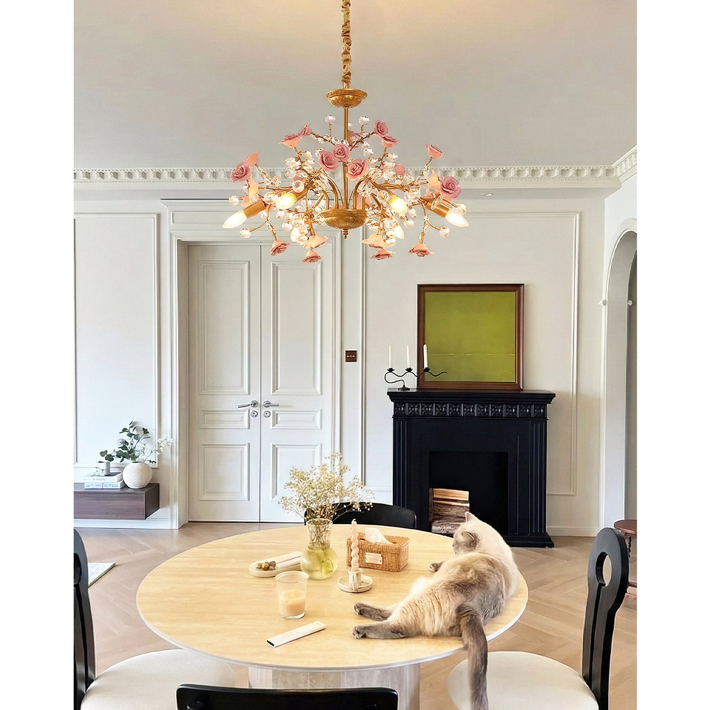 Roseto Chandelier - Hand-Crafted Porcelain Rose & Crystal Pendant | Romantic Floral Luxury Lighting
