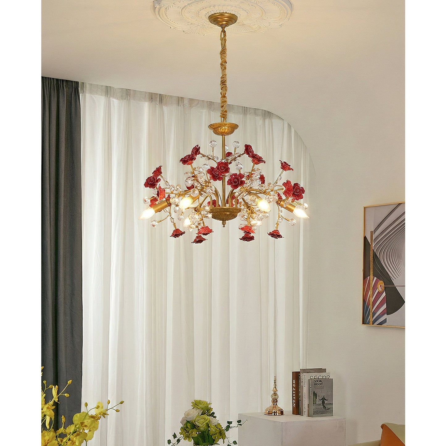 Roseto Chandelier - Hand-Crafted Porcelain Rose & Crystal Pendant | Romantic Floral Luxury Lighting