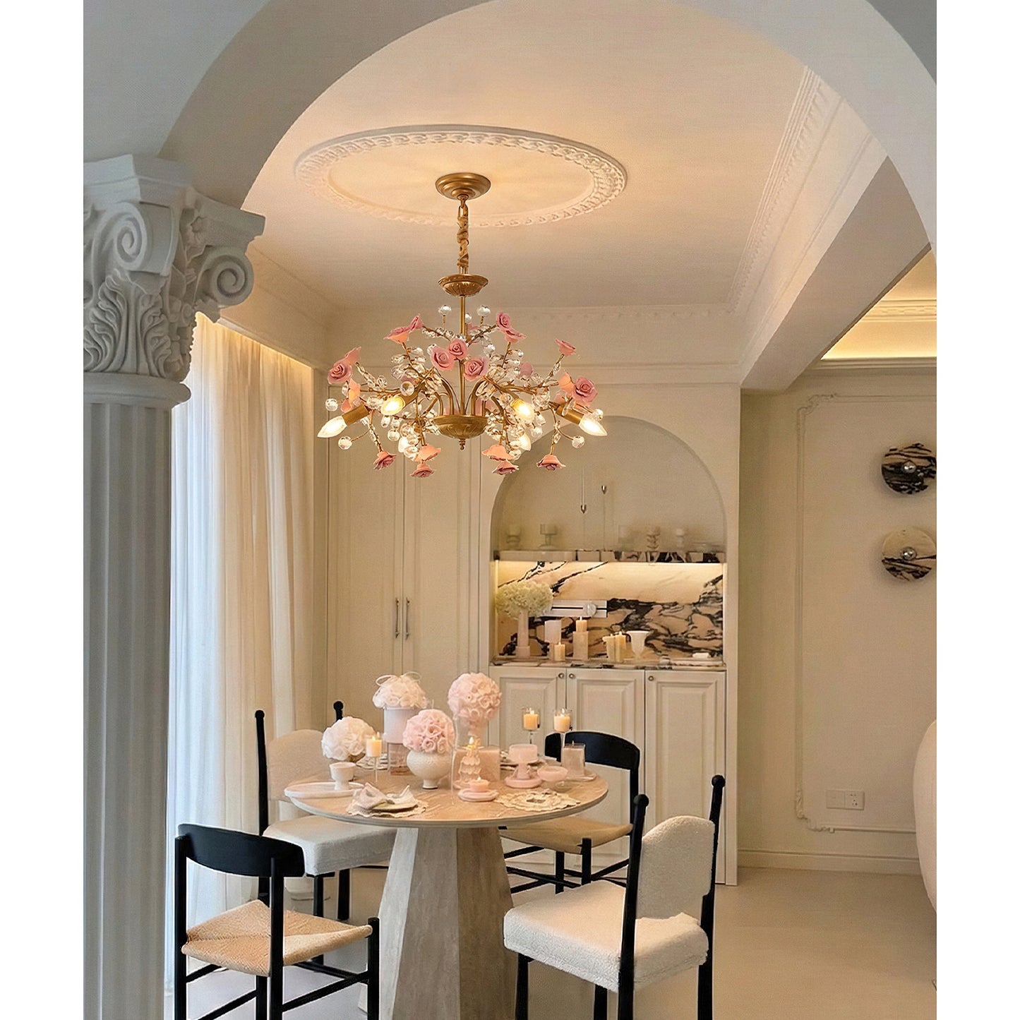 Roseto Chandelier - Hand-Crafted Porcelain Rose & Crystal Pendant | Romantic Floral Luxury Lighting